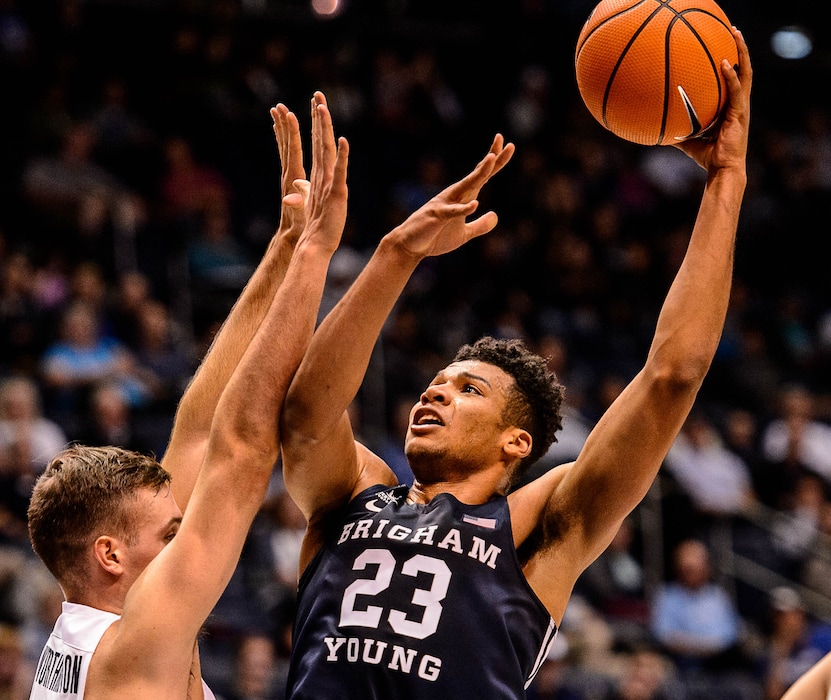 (Trent Nelson | The Salt Lake Tribune)  Brigham Young Cougars forward Yoeli Childs (23) shoots as the BYU men's basketball team plays a scrimmage game known as the Cougar Tipoff, in Provo, Wednesday October 25, 2017.