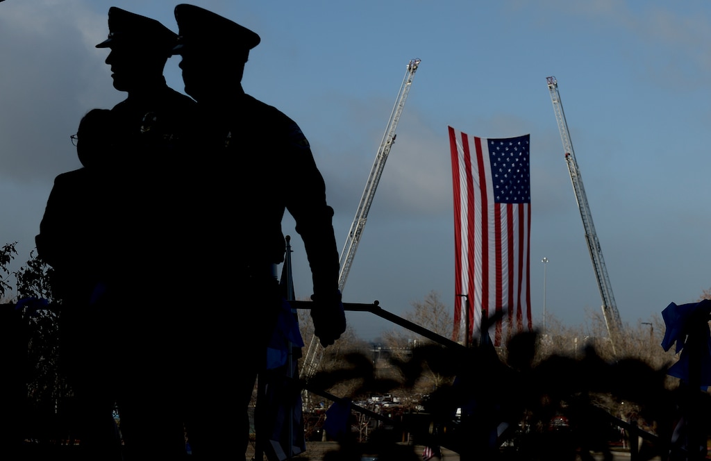 Leah Hogsten  |  The Salt Lake Tribune  Law enforcement officers arrive at the funeral for fallen Provo police officer Joseph Shinners, Jan. 12, 2019 at the UCCU Event Center at 800 W. University Parkway in Orem. Shinners, 29, was shot and killed while on duty Saturday, while trying to take a fugitive into custody. Shinners, a Boston native, worked for the Provo Police Department for about three years. He is survived by his wife KayLyn and their 1-year-old son, ????.
