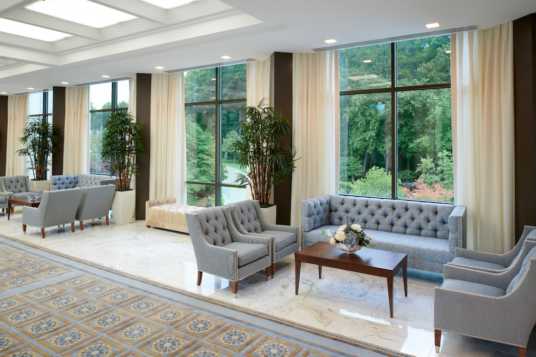 (The Church of Jesus Christ of Latter-day Saints) Furniture adorns a pedestrian bridge leading to the entrance of the Washington D.C. Temple.