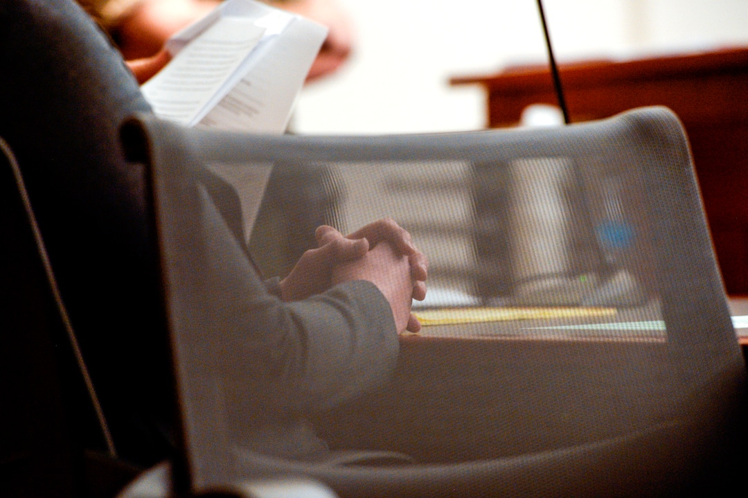 (Leah Hogsten  |  The Salt Lake Tribune)   Tilli BuchananÕs hands are clasped in Judge Kara Pettit's Third District Courtroom, Nov. 19, 2019. Her attorneys Leah Farrell with the AmericanÊCivil Liberties UnionÊof Utah and Randy Richards argued on her behalf that UtahÕs lewdness statute is unconstitutional because it discriminates against women. Buchanan is facing charges of lewdness involving a child after police say she took off her top while cleaning out the garage and her stepchildren saw her breasts. Judge Pettit is expected to rule in two months.