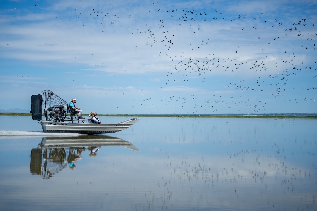 (Trent Nelson  |  The Salt Lake Tribune) Environmental Protection Agency Administrator Lee Zeldin, in blue, tours the Great Salt Lake at Farmington Bay on Saturday, May 23, 2026.