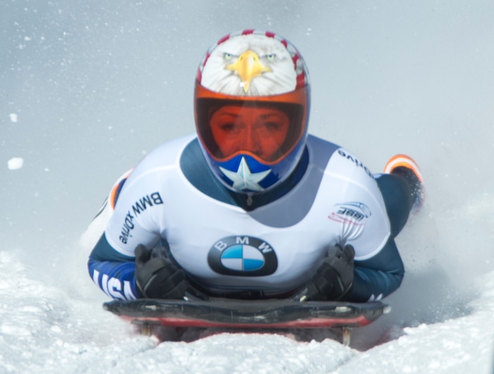 (Rick Egan  |  The Salt Lake Tribune)  Elisabeth Vathje finishes her second run, in the women's BMW IBSF World Cup Skeleton competition, in Park City, Saturday, November 18, 2017.