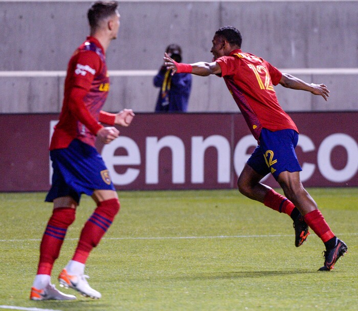 (Leah Hogsten  |  The Salt Lake Tribune) Real Salt Lake forward Douglas Martinez (12) celebrates his first half goal as Real Salt Lake hosts the Portland Timbers, Oct. 14, 2020.