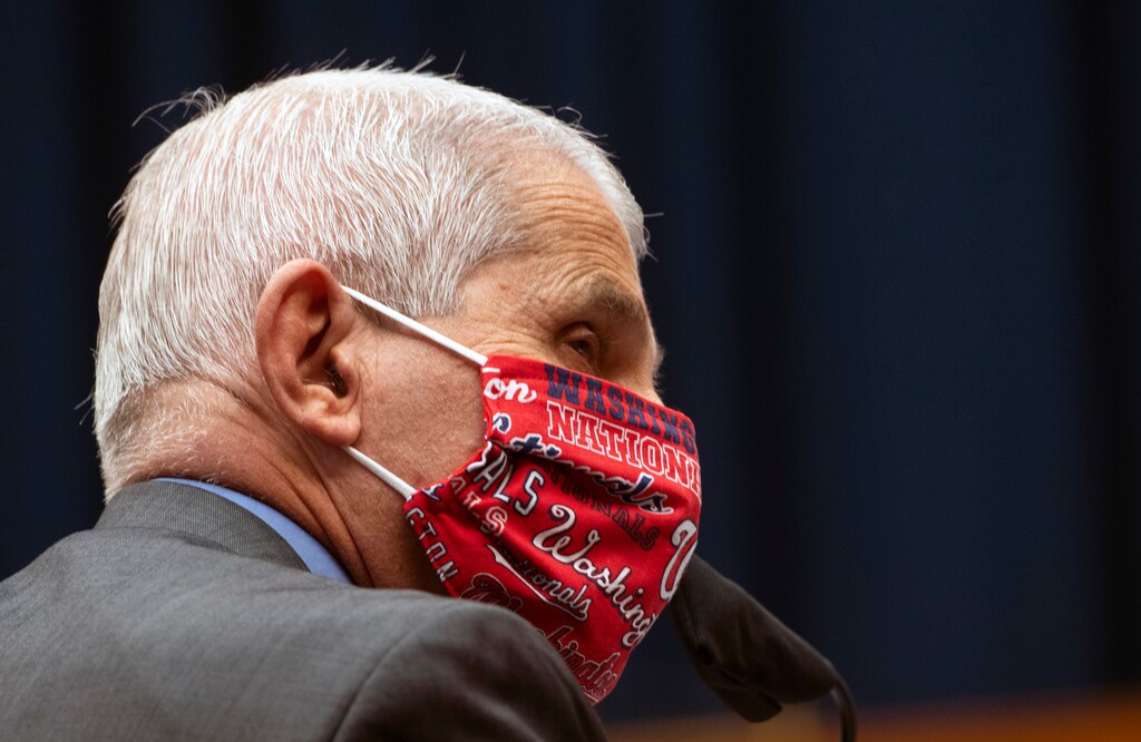 (Kevin Dietsch | pool photo via AP)

Director of the National Institute of Allergy and Infectious Diseases Dr. Anthony Fauci wears a face mask and listens during a House Committee on Energy and Commerce hearing on the Trump administration's response to the COVID-19 pandemic on Capitol Hill in Washington on Tuesday, June 23, 2020.