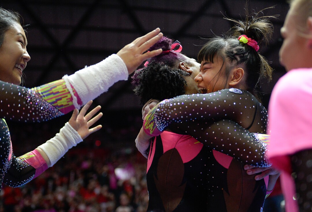 (Francisco Kjolseth  |  The Salt Lake Tribune) Kim Tessen celebrates a perfect 10 on the vault as the fourth-ranked University of Utah Red Rocks gymnastics team host Stanford, Friday, March 6, 2020, at the Jon M. Huntsman Center in Salt Lake City.