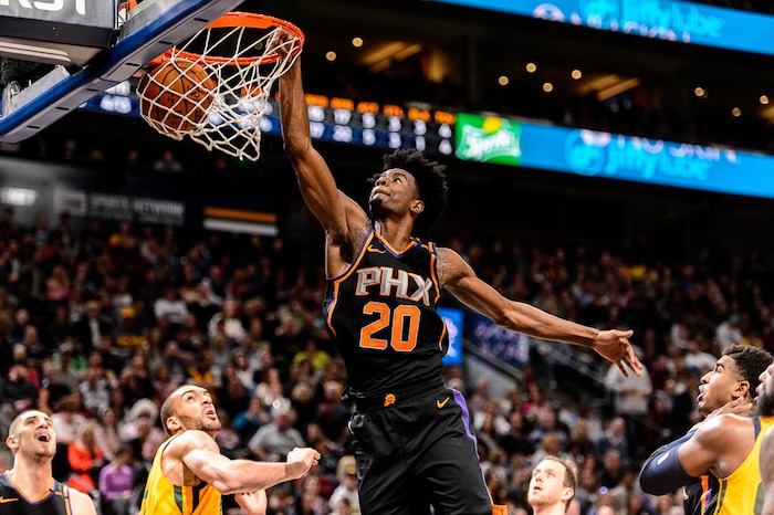 (Trent Nelson | The Salt Lake Tribune)  Phoenix Suns forward Josh Jackson (20) dunks as the Utah Jazz host the Phoenix Suns, NBA basketball in Salt Lake City, Wednesday Feb. 14, 2018.