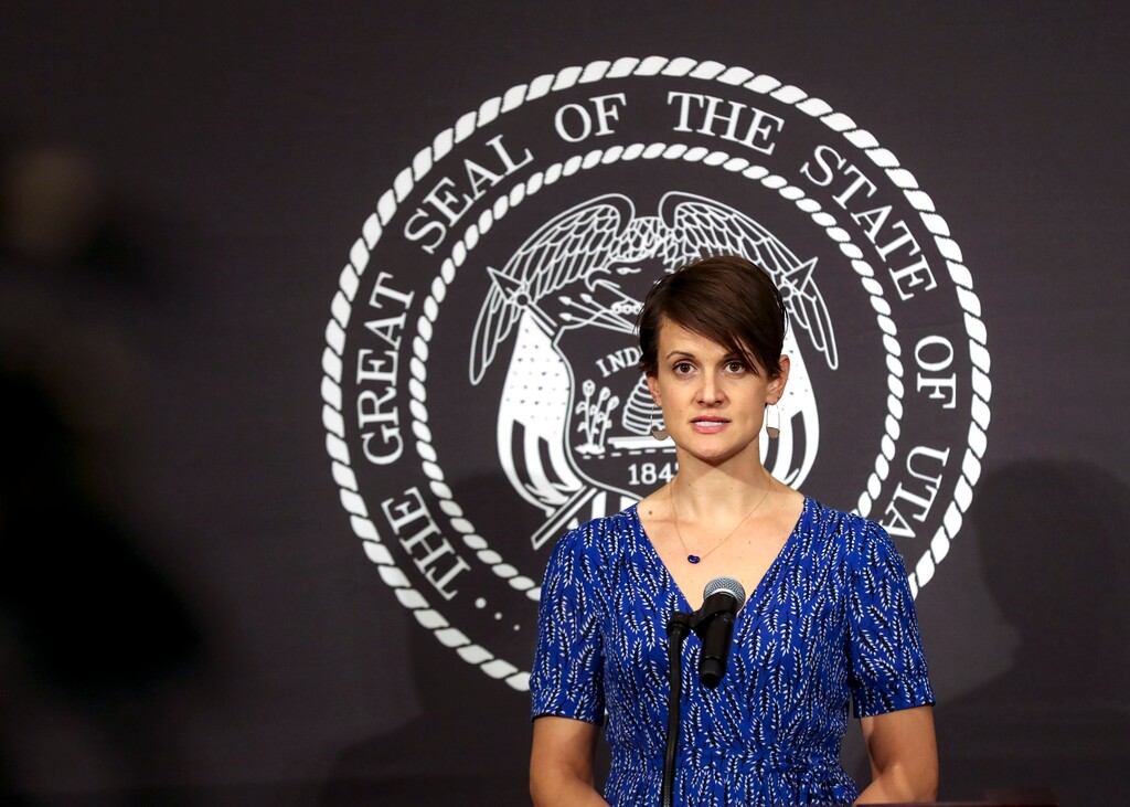 (Steve Griffin | Deseret News, pool) Dr. Angela Dunn, state epidemiologist with the Utah Department of Health, speaks during the daily COVID-19 briefing at the Capitol in Salt Lake City on Wednesday, May 13, 2020. 