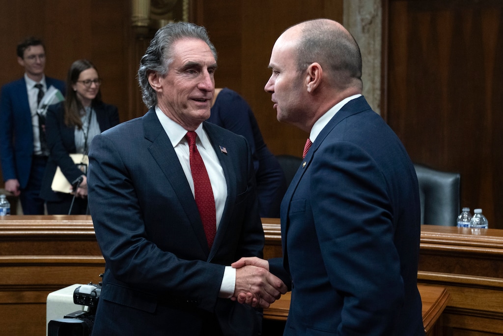 (Jose Luis Magana | AP) Former N.D. Gov. Doug Burgum shakes hands with Sen. Mike Lee at the Senate Energy and Natural Resources Committee on Capitol Hill in Washington, Thursday, Jan. 16, 2025. Burgum was confirmed as the new Secretary of the Interior by the Senate Wednesday night.