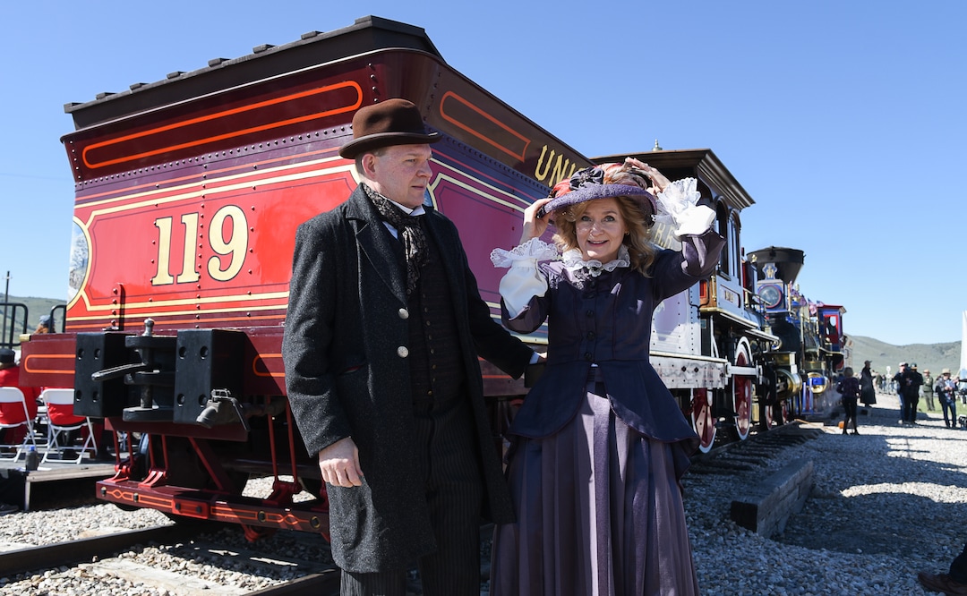 (Francisco Kjolseth  |  The Salt Lake Tribune)  Kirby Brown and his wife Kristen of Park City look the part as they join the festivities on Friday May 10, 2019, in celebration of the 150th anniversary of the completion of the transcontinental railroad at Promontory Summit where the two rails met back on May 10, 1869.