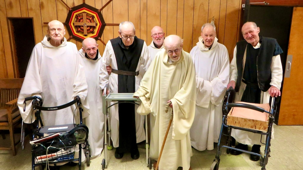 (Michael O'Brien via monastery archives) Most of the Utah monks in about 2017 before they closed their Huntsville monastery. Father Alan Hohl, left, Father Patrick Boyle, Father Malachy Flaherty, Father Brendan Freeman, Brother David McManus, Father David Altman, and Brother Nicholas Prinster.