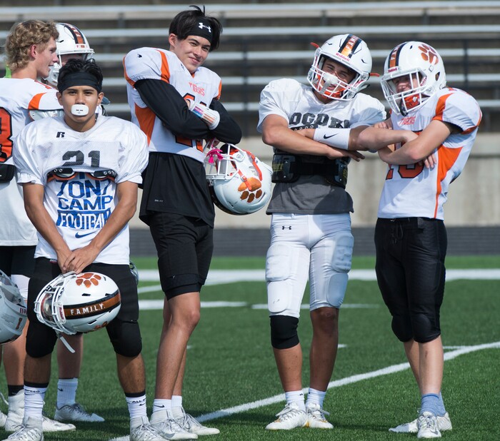 (Rick Egan  |  The Salt Lake Tribune)  Ogden football players pose for a photo during practice. The mood at practice has changed after the team broke its 36-game losing streak last week. Wednesday, September 13, 2017.