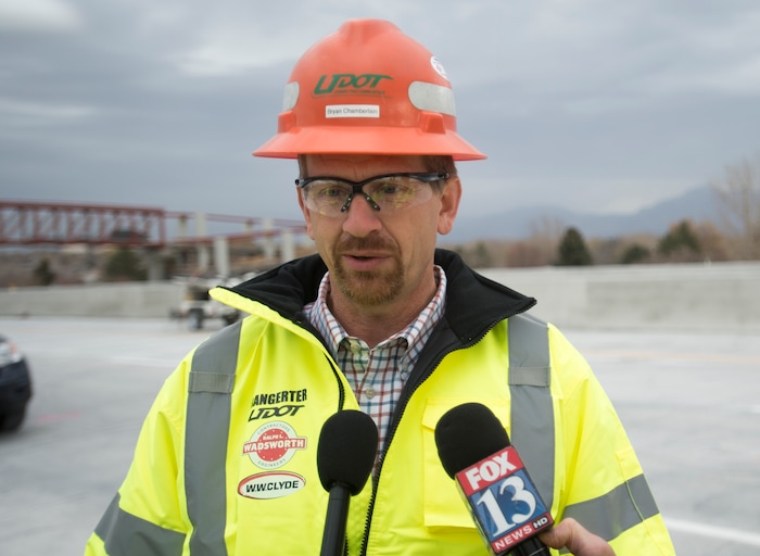 (Rick Egan  |  The Salt Lake Tribune)  Bryan Chamberlain talks about the new bridge set to open, 7000 So. Bangerter Highway. The Utah Department of Transportation (UDOT) will open several major construction projects this weekend in western Salt Lake County. Thursday, November 16, 2017.


