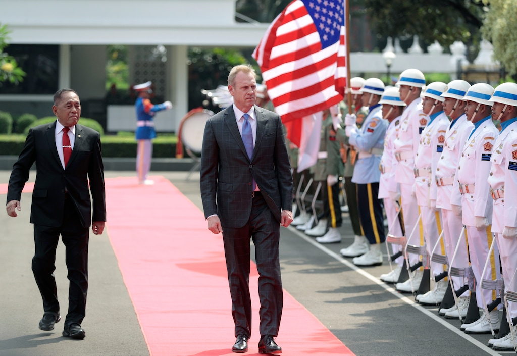 (Dita Alangkara | AP Photo) Acting U.S. Secretary of Defense Patrick Shanahan, center, accompanied by Indonesian Defense Minister Ryamizard Ryacudu, left, inspects an honor guard during their meeting in Jakarta, Indonesia, Thursday, May 30, 2019.