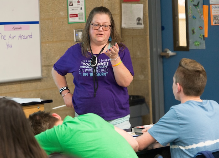 (Rick Egan  |  The Salt Lake Tribune)   Vanessa Campos teaches science at Elk Ridge Middle School in South Jordan, Thursday, April 26, 2018.


