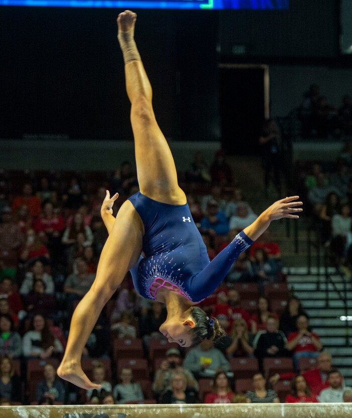 (Rick Egan  |  The Salt Lake Tribune)    Kyla Ross competes on the balance bean for UCLA, in the PAC-12 Gymnastics Championships at the Maverik Center, Saturday, March 23, 2019.


