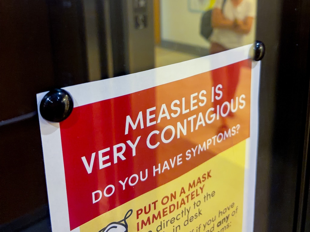 (Trent Nelson  |  The Salt Lake Tribune) Information about measles at Sugar House Health Center in Salt Lake City in June 2026.