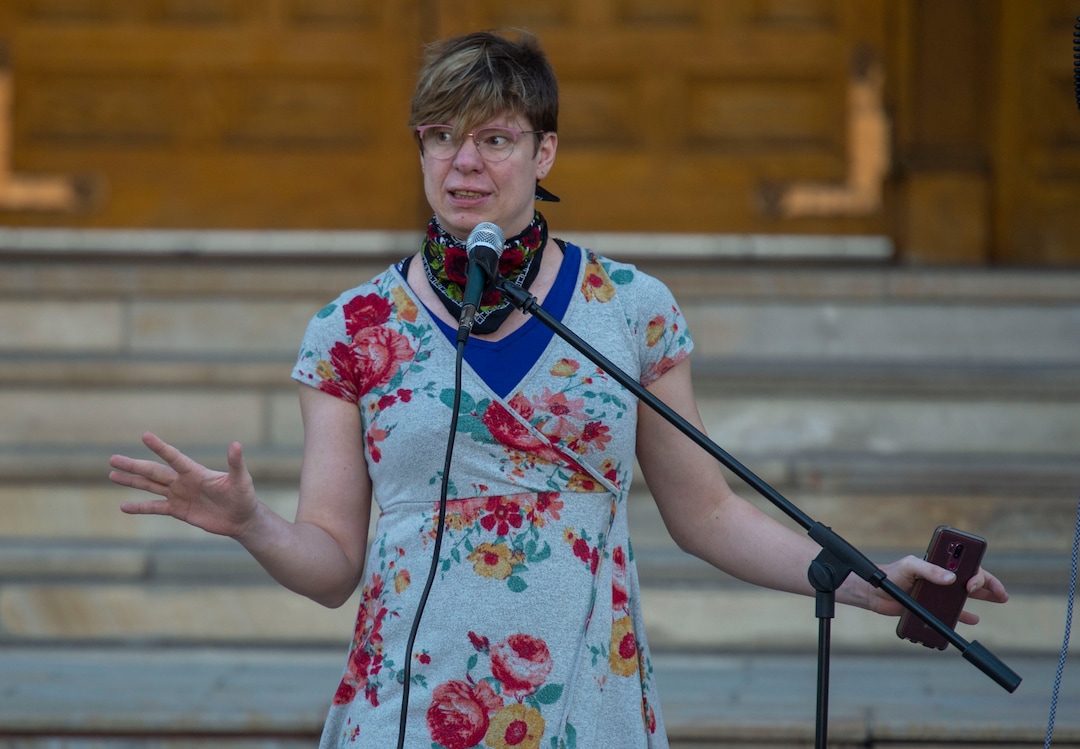 (Rick Egan  |  The Salt Lake Tribune)       Amie Annsa speaks at a rally as Homeless and homeless advocates gather outside the City County building for a demonstration before the city council meeting, Tuesday, April 23, 2019.