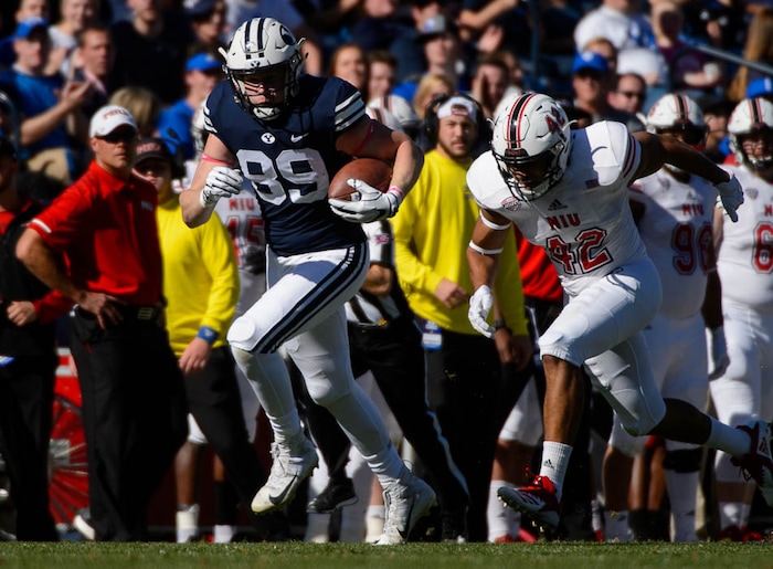 (Trent Nelson | The Salt Lake Tribune)  
Brigham Young Cougars tight end Matt Bushman (89) as BYU hosts Northern Illinois, NCAA football in Provo, Saturday Oct. 27, 2018.