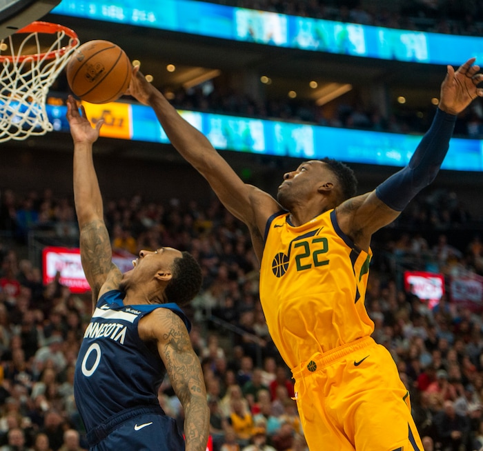 (Rick Egan  |  The Salt Lake Tribune)     Utah Jazz forward Jeff Green (22) blocks a shot by Minnesota Timberwolves guard Jeff Teague (0), in NBA action between the Utah Jazz and the Minnesota Timberwolves in Salt Lake City, Monday, Nov. 18, 2019.