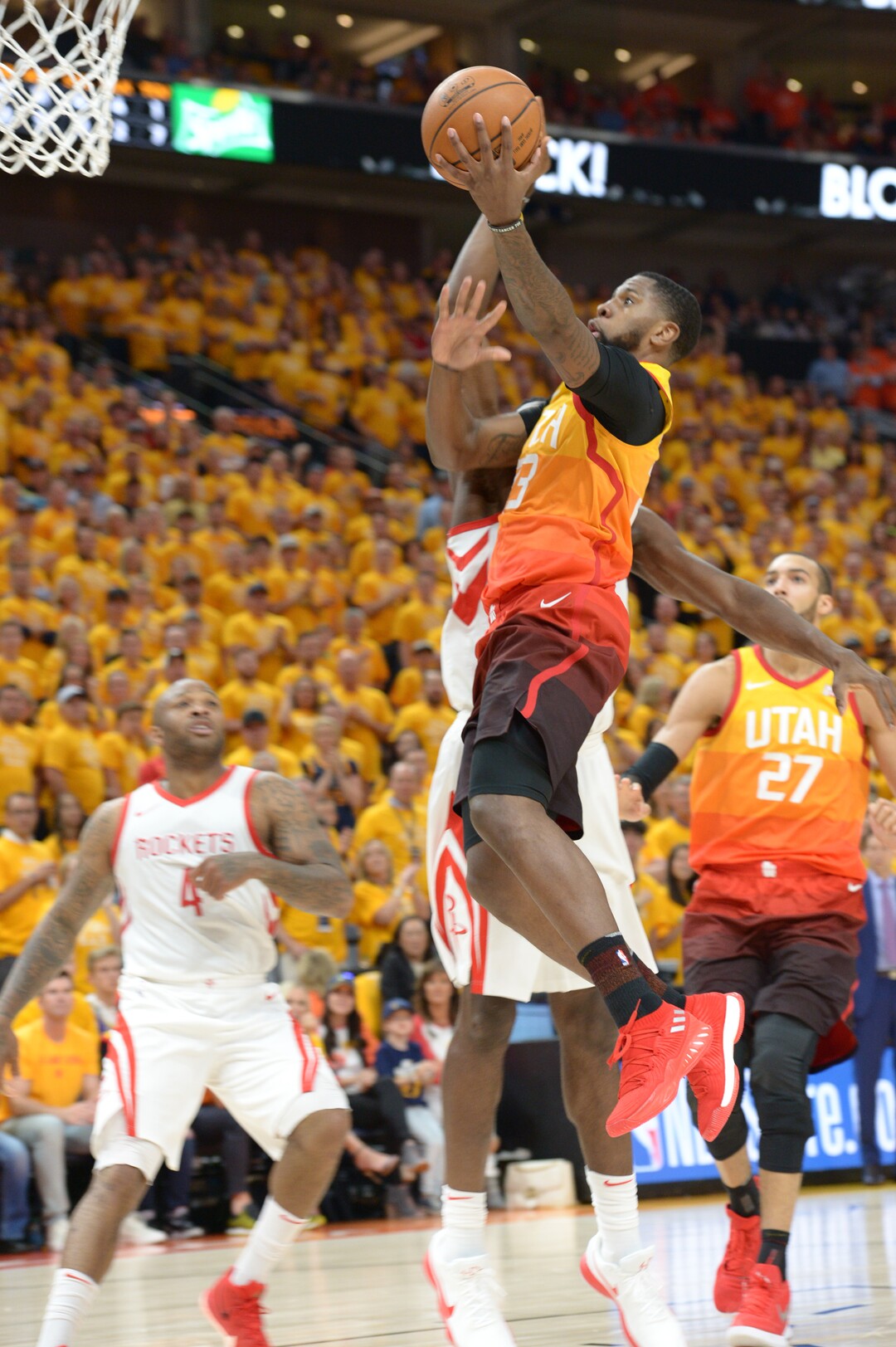 (Leah Hogsten  |  The Salt Lake Tribune)  as the Utah Jazz take on the Houston Rockets in Game 3 of an NBA basketball second-round playoff series Friday, May 4, 2018 in Salt Lake City.