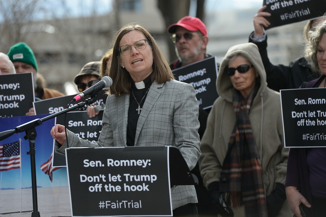 (Francisco Kjolseth  |  The Salt Lake Tribune) Pastor Brigette D. Weie, at Our Saviour's Lutheran Church, joins a coalition of Republicans, Democrats and independents asking for a fair impeachment trial in the Senate as they gather for a news conference in front of Sen. Mitt Romney's office at the Wallace F. Bennett Federal building in Salt Lake City on Thursday, Jan. 16, 2020.