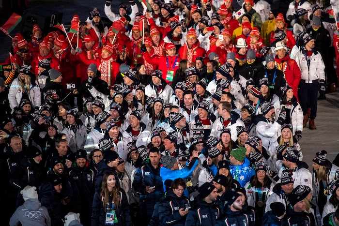 (Chris Detrick | The Salt Lake Tribune) Athletes from The United States of America are introduced during the PyeongChang 2018 Olympic Winter Games Closing Ceremony at Olympic Stadium Sunday, Feb. 25, 2018.