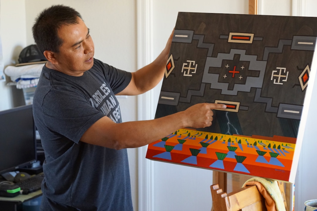 (Zak Podmore | The Salt Lake Tribune) Diné (Navajo) painter Gilmore Scott shows his work at his home near Montezuma Creek in September, 2019.