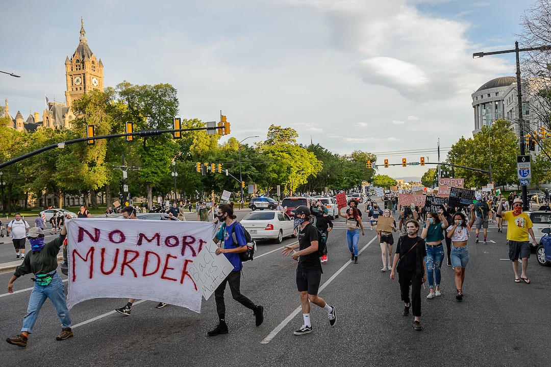 (Trent Nelson  |  The Salt Lake Tribune) Protesters march against police brutality in Salt Lake City on Tuesday, June 2, 2020.