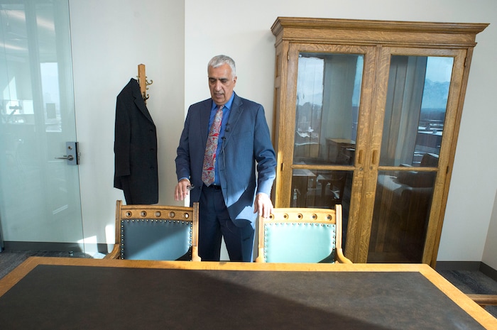 (Rick Egan  |  The Salt Lake Tribune)    Sim Gill, Salt Lake County District Attorney, talks about the furniture in his office that he rescued from the old office building, as he gives a tour of the new Salt Lake County District Attorney building in Salt Lake City, Friday, March 9, 2018.


