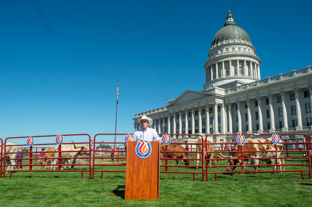 (Rick Egan  |  The Salt Lake Tribune)       Gov. Herbert speaks at a news conference about the Days of 47 festivities, on the State Capitol lawn with longhorn cattle in the background, Tuesday, July 16, 2019.