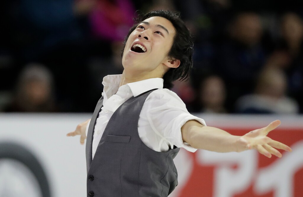 FILE - In this Friday, Oct. 19, 2018, file photo, Nathan Chen performs during the men's short program at Skate America, in Everett, Wash. U.S. figure skater Chen will be trying to defend his Grand Prix Final title in Vancouver, British Colombia, beginning Thursday, Dec. 6, 2018. (AP Photo/Ted S. Warren, File)