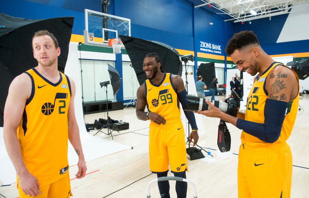 (Rick Egan  |  The Salt Lake Tribune)      Jazz players Joe Ingles, Jae Crowder and Thabo Sefolosha play around with a camera during the Utah Jazz annual Media Day photo shoot, Monday, Sept. 24, 2018.