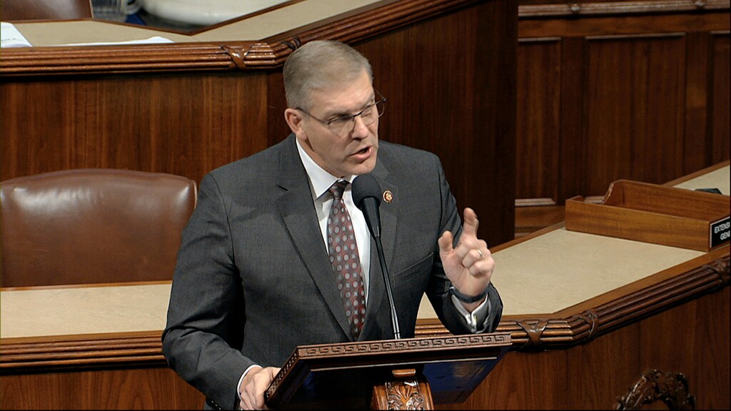 (House Television via AP) Rep. Barry Loudermilk, R-Ga., speaks as the House of Representatives debates the articles of impeachment against President Donald Trump at the Capitol in Washington, Wednesday, Dec. 18, 2019.