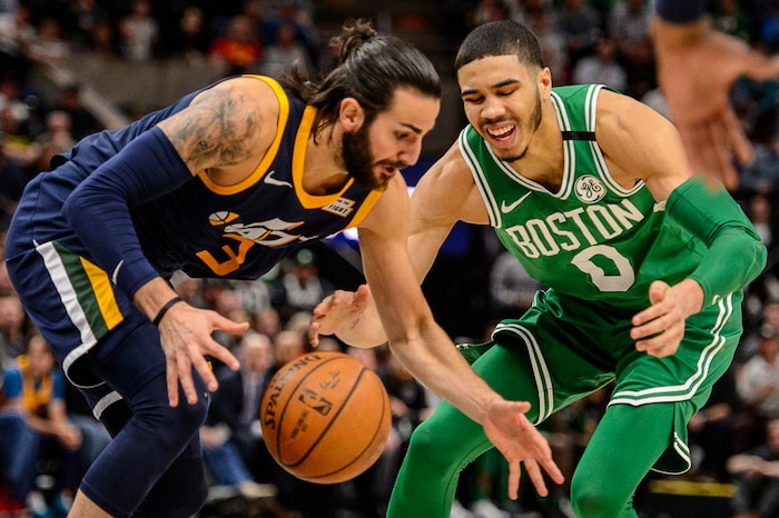 (Trent Nelson | The Salt Lake Tribune)  
Utah Jazz vs. Boston Celtics, NBA basketball in Salt Lake City, Wednesday March 28, 2018. Utah Jazz guard Ricky Rubio (3) steals the ball from Boston Celtics forward Jayson Tatum (0).