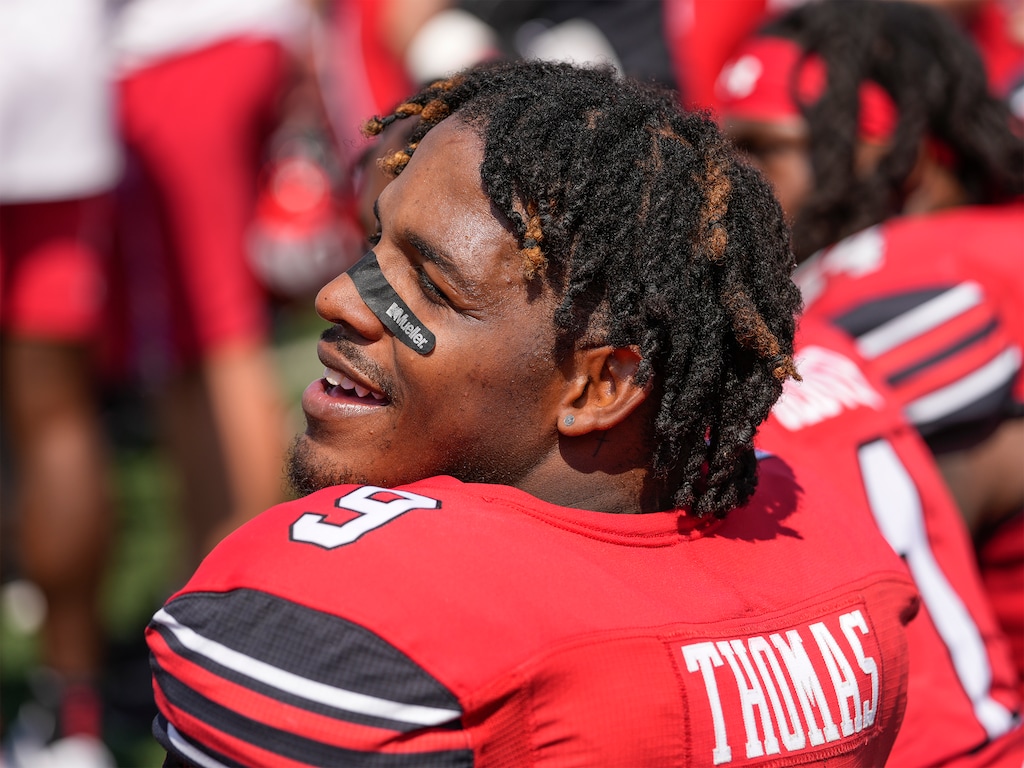 (Leah Hogsten | The Salt Lake Tribune) Utah Utes running back Tavion Thomas (9)  as the University of Utah host Southern Utah University at Rice-Eccles Stadium in Salt Lake City, Sept. 10, 2022. 