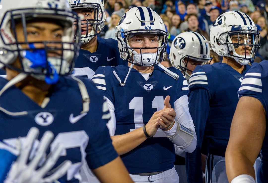 Leah Hogsten  |  The Salt Lake Tribune  Brigham Young Cougars Zach Wilson takes the field with the team as starting quarterback as Brigham Young University hosts Hawaii at Lavell Edwards Stadium in Provo, Saturday Oct. 13, 2018. 