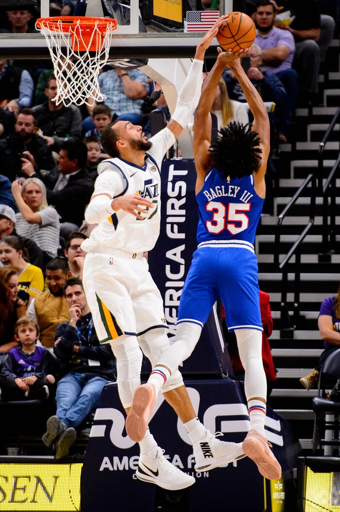 (Trent Nelson  |  The Salt Lake Tribune) Utah Jazz center Rudy Gobert (27) blocks a shot by Sacramento Kings forward Marvin Bagley III (35) as the Utah Jazz host the Sacramento Kings, NBA basketball in Salt Lake City on Saturday, Jan. 18, 2020.
