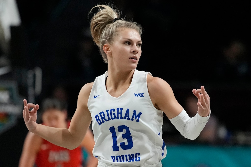 BYU's Paisley Harding (13) reacts after making a 3-point shot against Gonzaga during the first half of an NCAA women's championship college basketball game at the West Coast Conference tournament Tuesday, March 8, 2022, in Las Vegas. (AP Photo/John Locher)