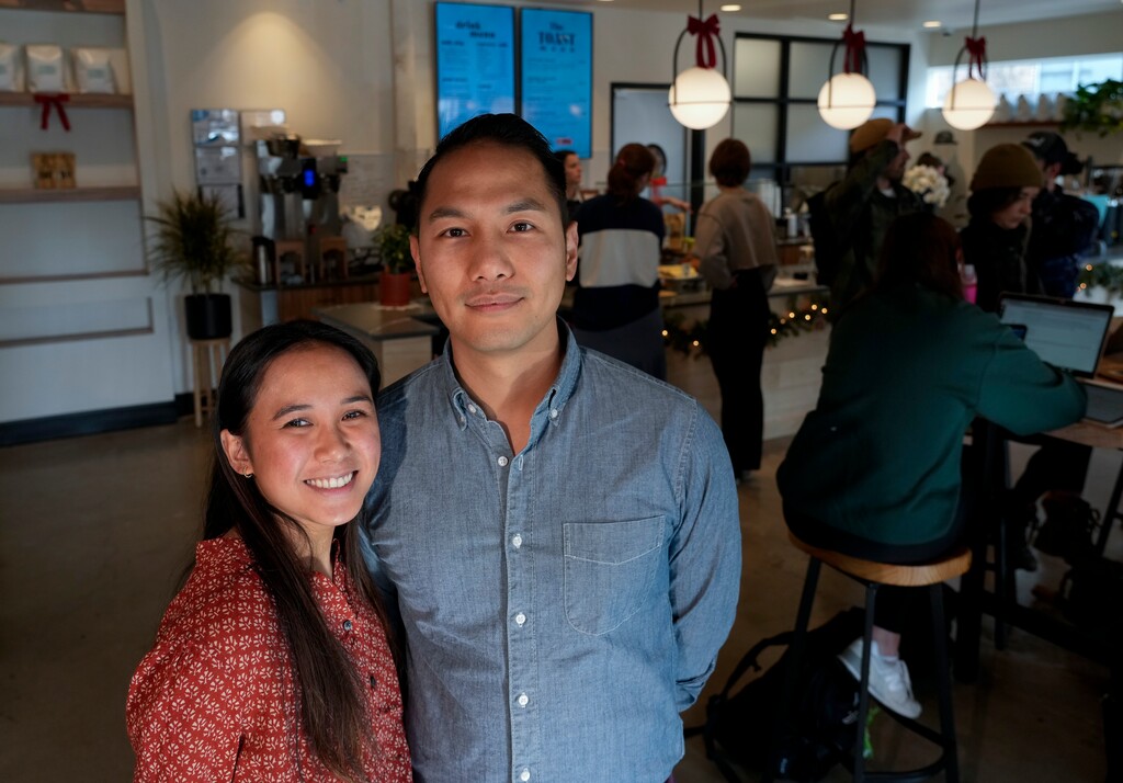 (Bethany Baker  |  The Salt Lake Tribune) Hermie He, left, and Jake He stand in their new coffeehouse, Loki Coffee in Salt Lake City, on Tuesday, Dec. 12, 2023.