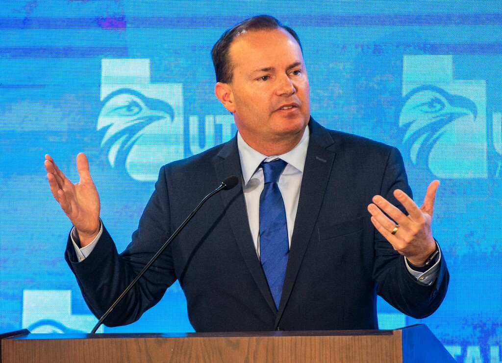 (Rick Egan  |  The Salt Lake Tribune)   Sen. Mike Lee speaks at the Utah Eagle Forum convention in Sandy on Saturday, Jan. 11, 2020.