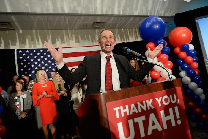 (Francisco Kjolseth  |  The Salt Lake Tribune)  John Curtis, Republican candidate for 3rd Congressional District celebrates his win at the Provo Marriott Hotel & Conference Center Tuesday, Nov. 7, 2017. He will fill the congressional seat recently vacated by Jason Chaffetz.