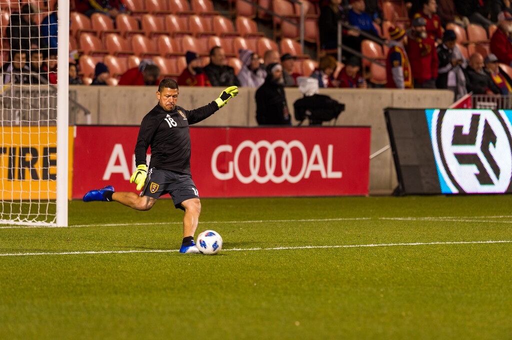 Alex Gallivan  |  Special to the Tribune 

Real Salt Lake goalkeeper Nick Rimando (18) warming up for the Western Conference semifinals matchup against the Sporting Kansas City Sun Nov 04, 2018