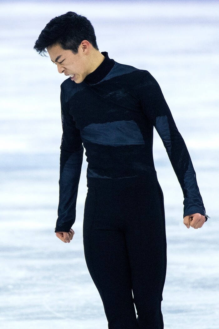 (Chris Detrick  |  The Salt Lake Tribune)  Salt Lake City's Nathan Chen reacts after competing in the Men's Single Skating Short Program for the Team Event at the Gangneung Ice Arena Friday, February 9, 2018.  Chen got fourth place with a score of 80.61.