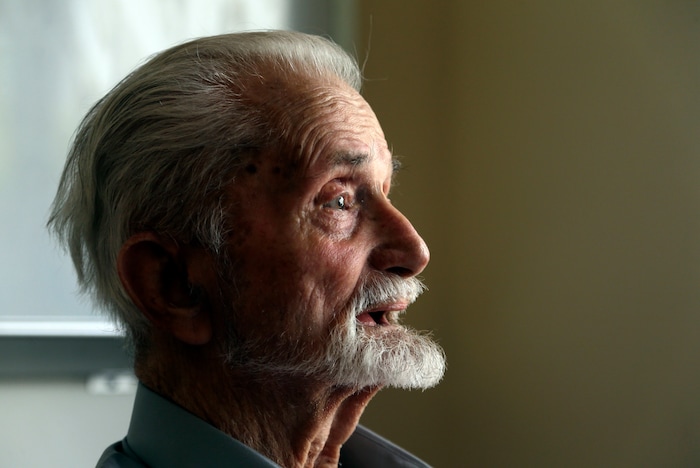 WWII veteran Marvin Strombo is shown in Portland, Ore., Monday, Aug. 7, 2017. Strombo recovered the flag from a dead Japanese soldier in the Pacific more than 70 years ago and now, at age 93, will return the flag to the Japanese man's surviving siblings. (AP Photo/Don Ryan)