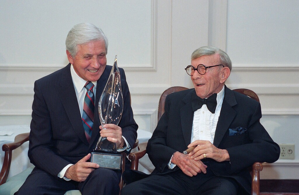 (Julie Markes | AP file photo)

In this March 14, 1993, photo, Monty Hall, left, recipient of the 2nd Annual George Burns Lifetime Award, laughs with George Burns at the United Jewish Fund tribute to humanitarian Hall, in the Century City section of Los Angeles.