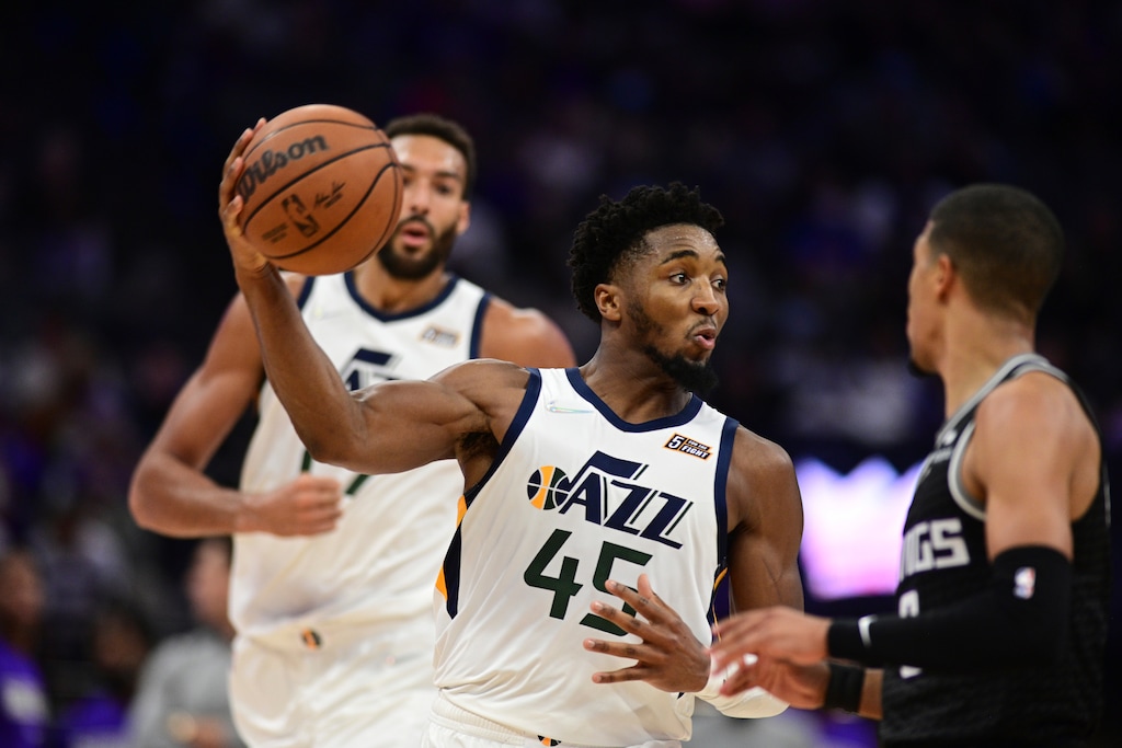 (José Luis Villegas | AP) Utah Jazz Donovan Mitchell drives to the basket during the second half of the team's NBA basketball game against the Sacramento Kings in Sacramento, Calif., Friday, Oct. 22, 2021. The Jazz 110-101.