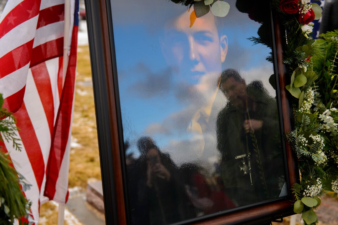 (Trent Nelson  |  The Salt Lake Tribune)
A portrait on display during services for Marine Pfc. Robert J. Hatch at the Bountiful City Cemetery on Saturday, Dec. 14, 2019. Hatch was killed in action Nov. 22, 1943 on the island of Betio.