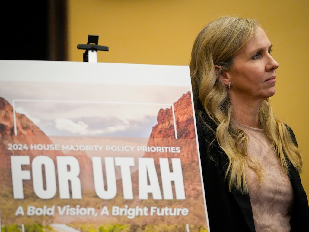 (Bethany Baker | The Salt Lake Tribune) Rep. Katy Hall, R-South Ogden, listens during a news conference to discuss the Utah House GOP priorities for the 2024 legislative session at the Utah Capitol in Salt Lake City on Wednesday, Jan. 10, 2024. Hall is running a bill limiting the use of so-called diversity statements in the hiring process for public higher education and K-12 positions.