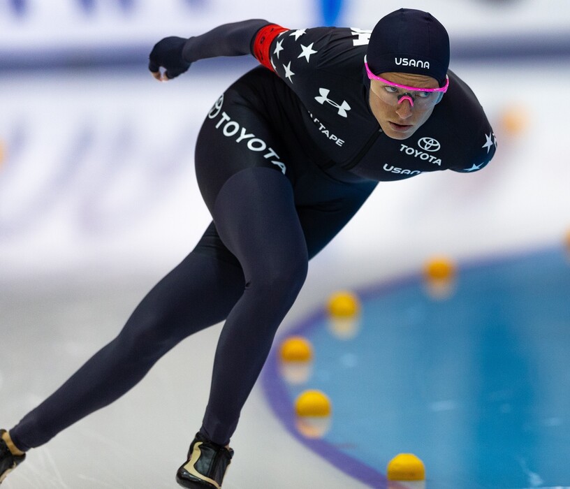 (Photo courtesy of John Kleba/U.S. Speedskating) 
Mia Manganello Kilburg will be a dark horse to win the women's mass start title  for U.S. Speedskating at the ISU World Single Distance Championships this weekend at the Utah Olympic Oval in Kearns. Kilburg is ranked fifth on the World Cup circuit and took a bronze at the World Cup event in Nagano, Japan, on Dec. 19, 2019.