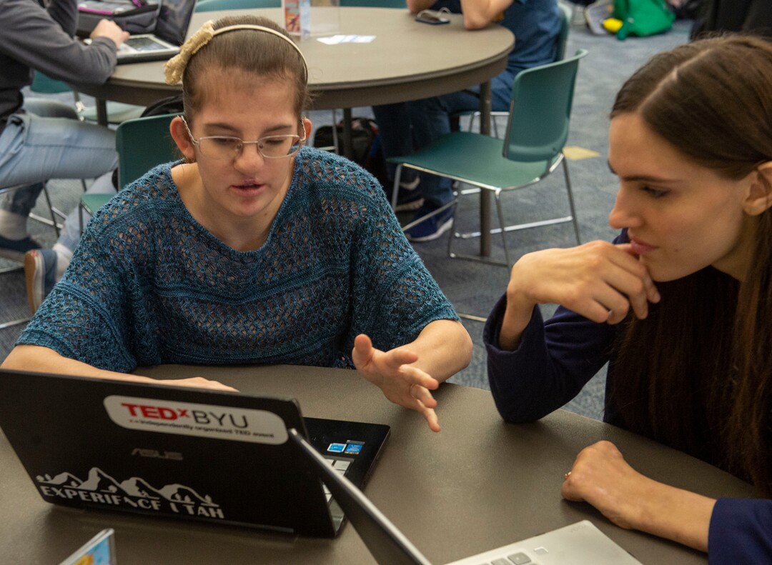 (Rick Egan  |  The Salt Lake Tribune)     Megan McLaws talks with Kendra Muller about accessibility issues on BYU campus, Wednesday, April 17, 2019.